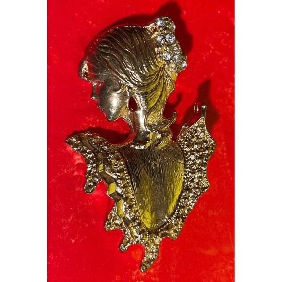 STUNNINGLY LOVELY VICTORIAN GOLD Plated LADY PIN RHINESTONES in Hair RARE!! - Picture 3 of 4